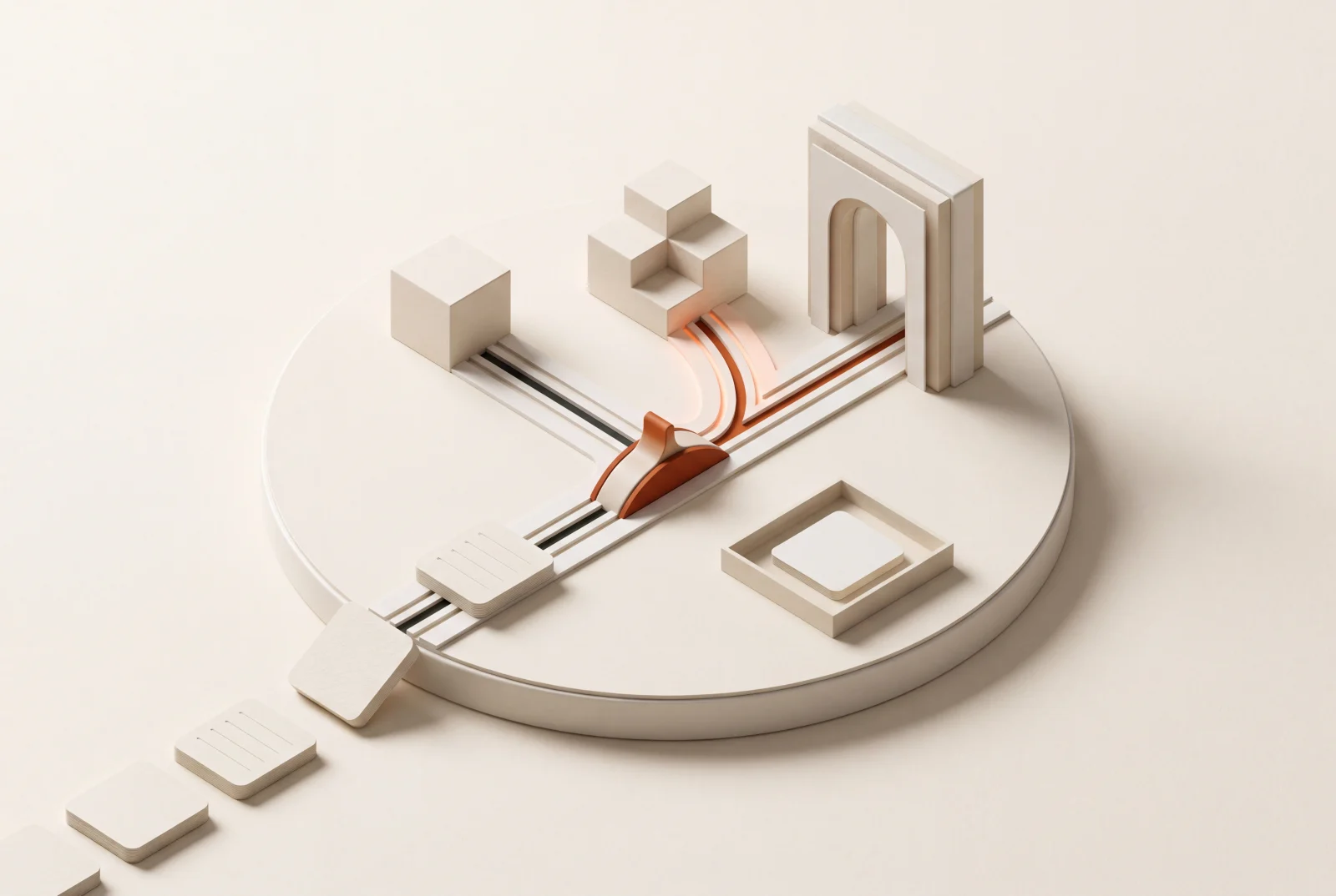 An orange path passes through a precise branching structure