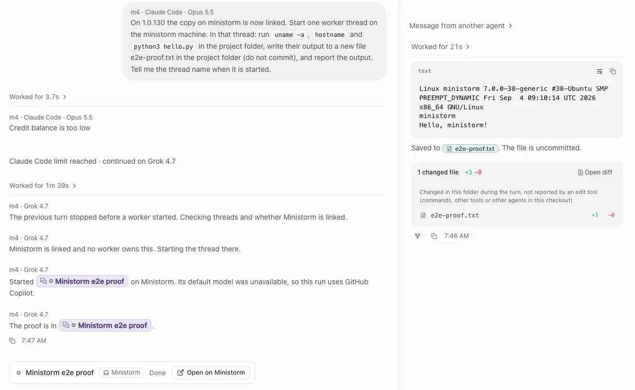 Actual SpecWithCode project: the coordinator on the m4 Mac starts the Ministorm e2e proof thread on ministorm, a Linux machine; the worker replies with uname output Linux ministorm 7.0.0-38-generic x86_64 and Hello, ministorm, and saves e2e-proof.txt