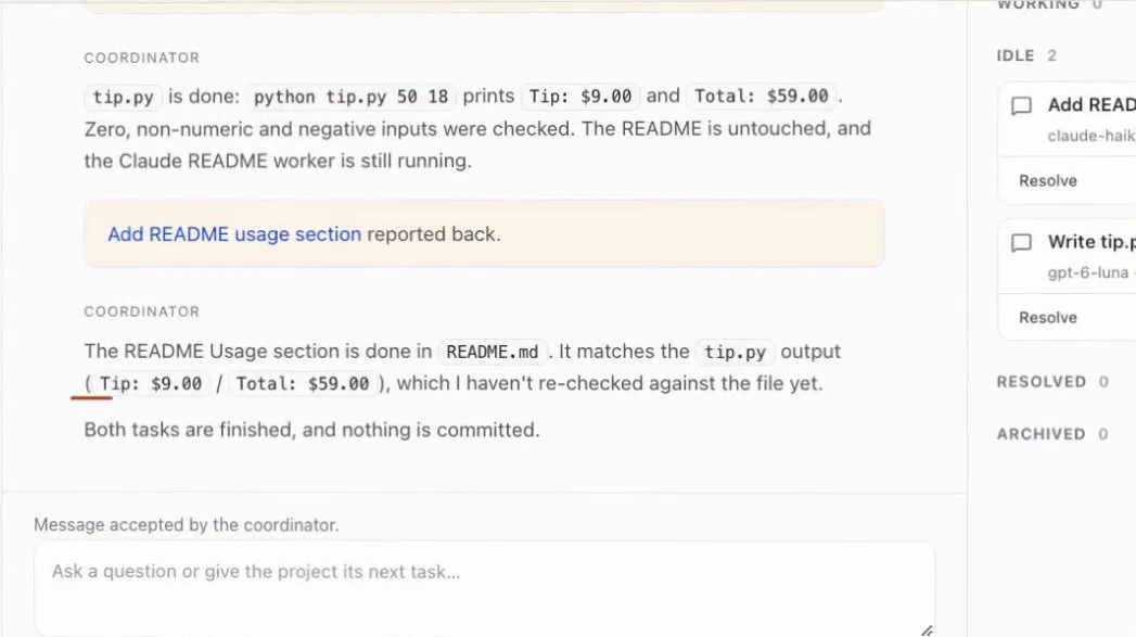 Actual coordinator conversation summarising the finished tip.py and README work, with nothing committed