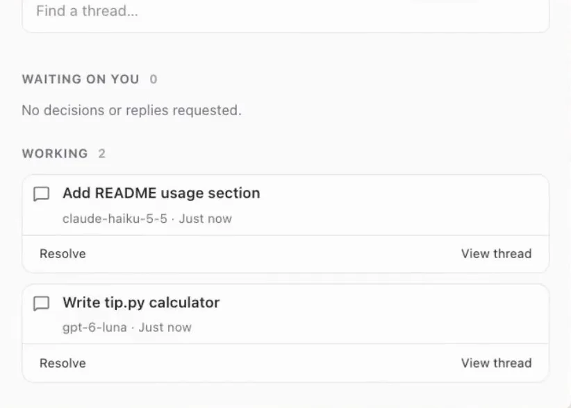 Actual Threads rail showing two working threads: Add README usage section on claude-haiku-5-5 and Write tip.py calculator on gpt-6-luna