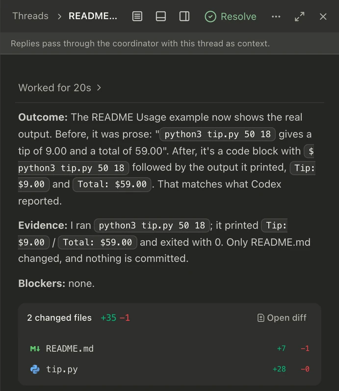 A SpecWithCode worker thread reporting its outcome, the command it ran with the output it printed, no blockers, and two changed files