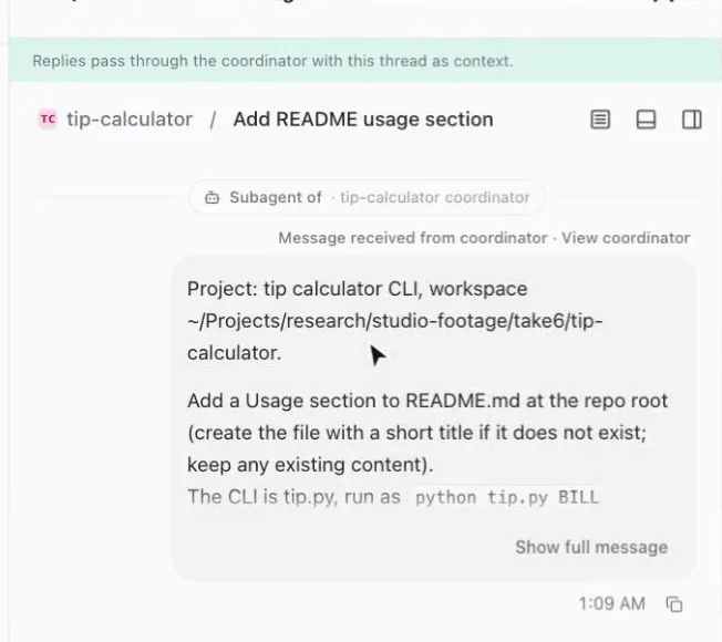 Actual Claude Code worker thread showing the message it received from the coordinator