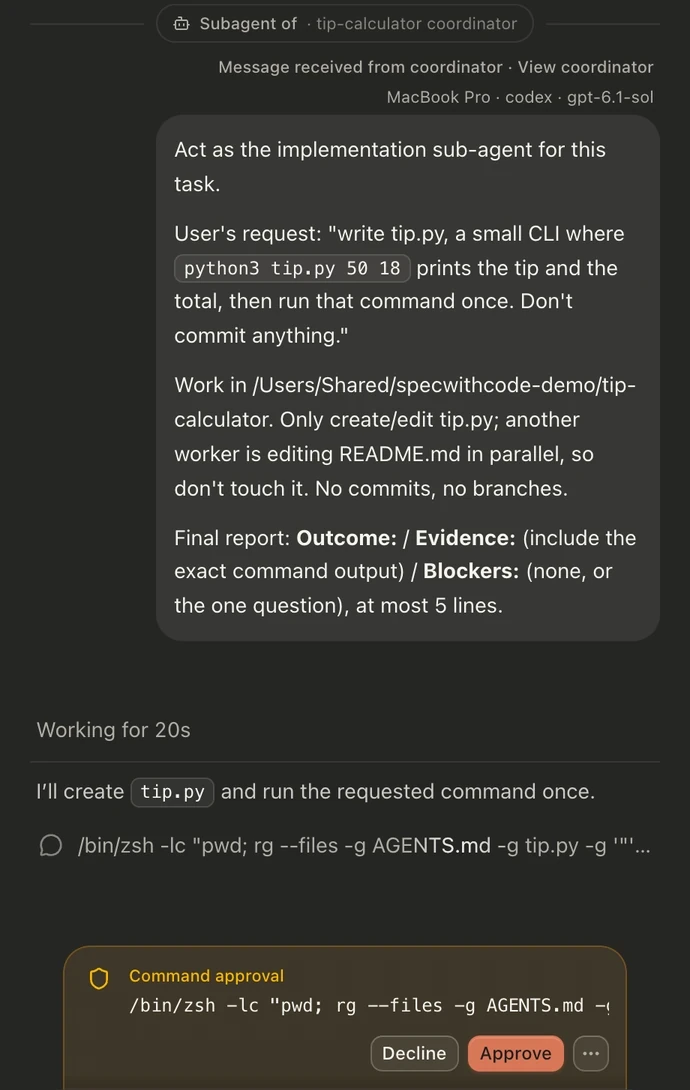 Crop of a Codex worker thread: Command approval for /bin/zsh -lc "pwd; rg --files -g AGENTS.md", with Decline and Approve buttons