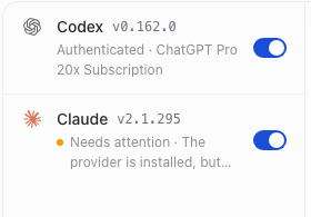 Actual provider status: Codex authenticated; Claude needs attention